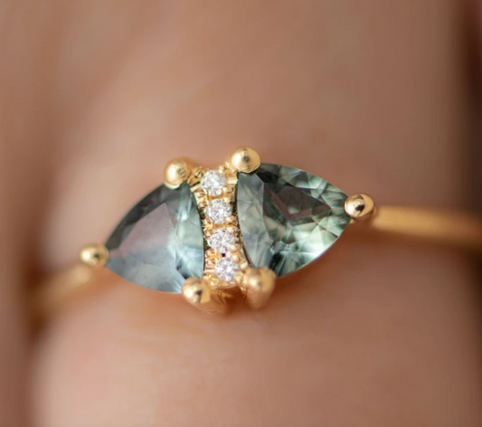 vintage style diamond ring w/ teal sapphire trillions