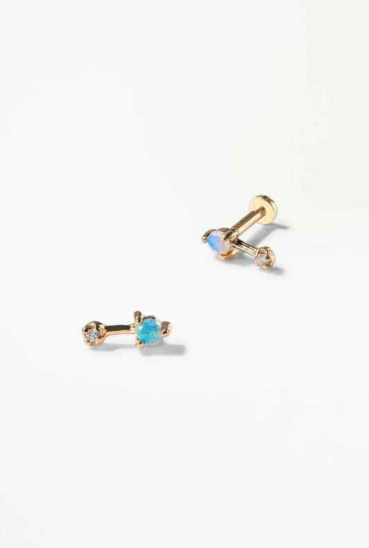 wwake / simple bar flat-back earring - opal + diamond - single