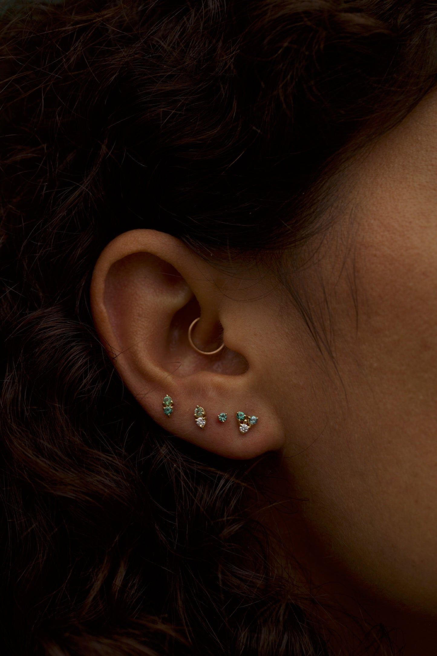 wwake / tri-stone stud earrings - tourmaline + diamond