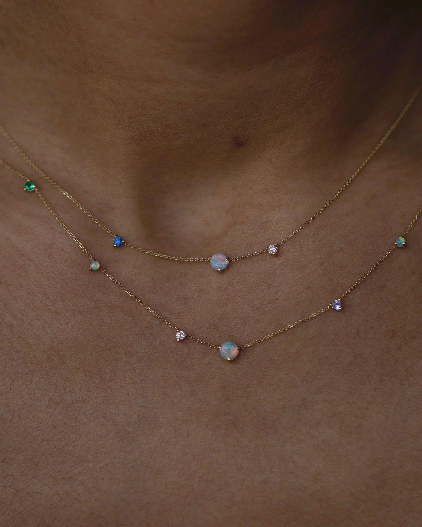 wwake / three-step necklace - opal + sapphire + diamond