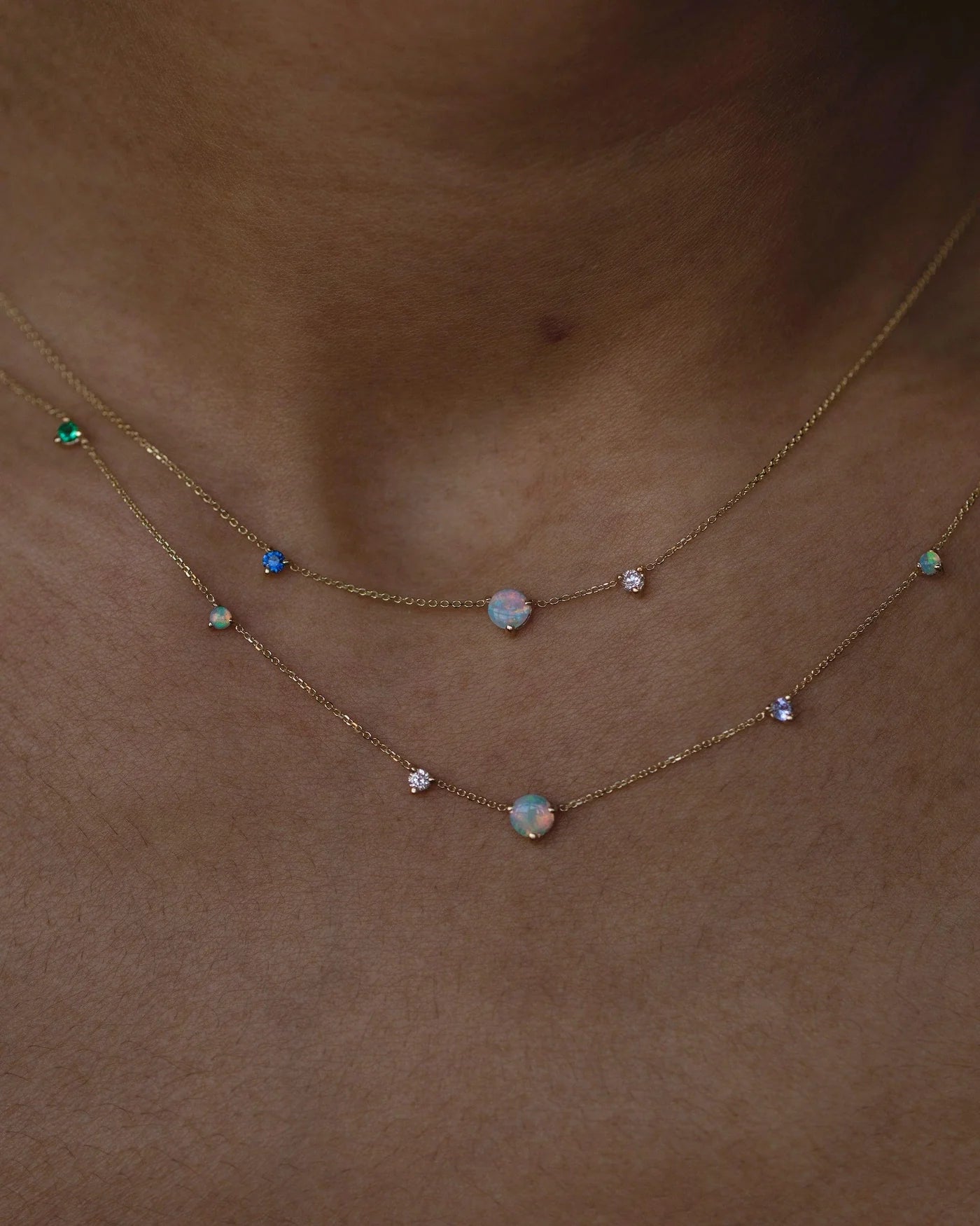 wwake / linear chain necklace - opal + diamond + sapphire + emerald