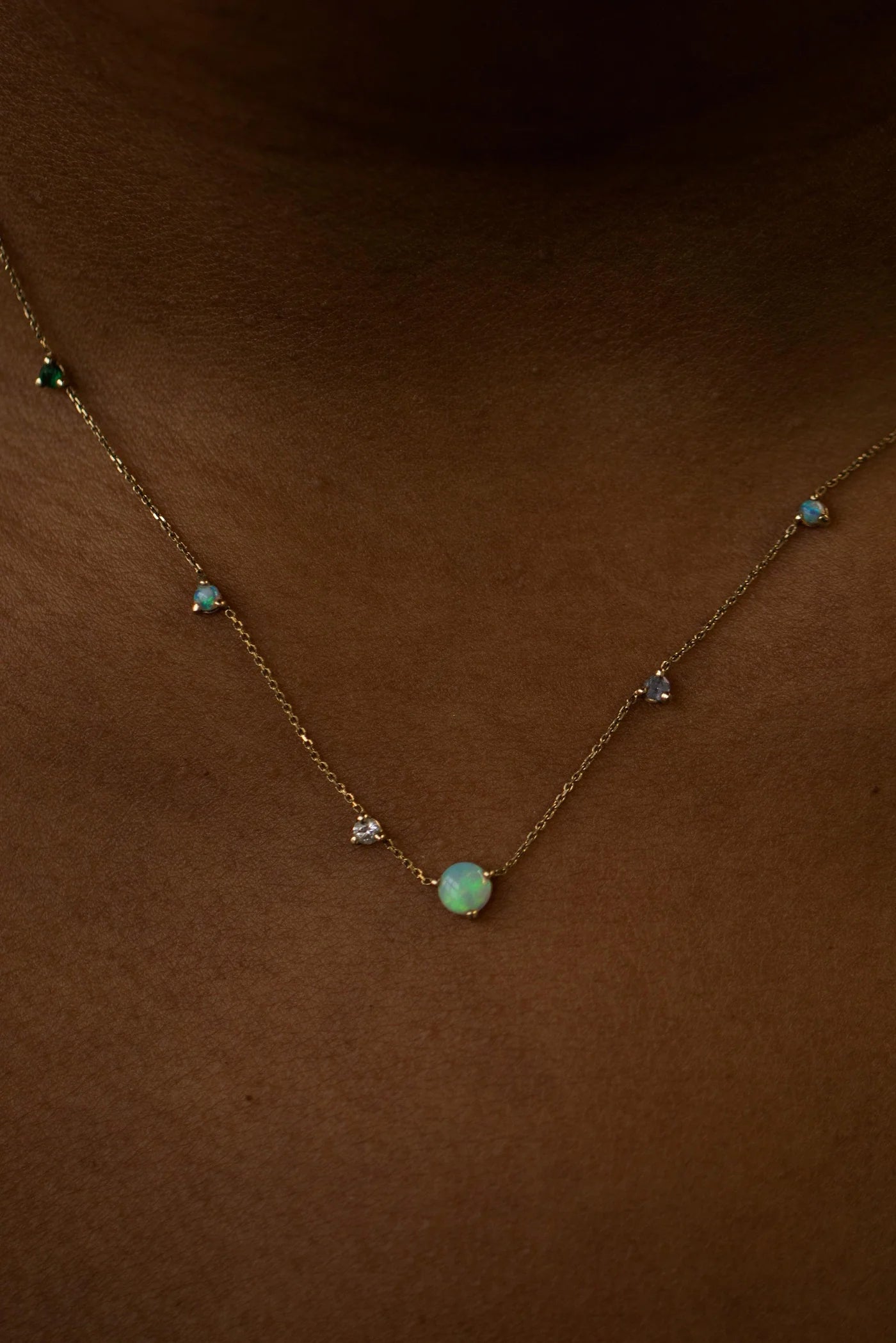 wwake / linear chain necklace - opal + diamond + sapphire + emerald