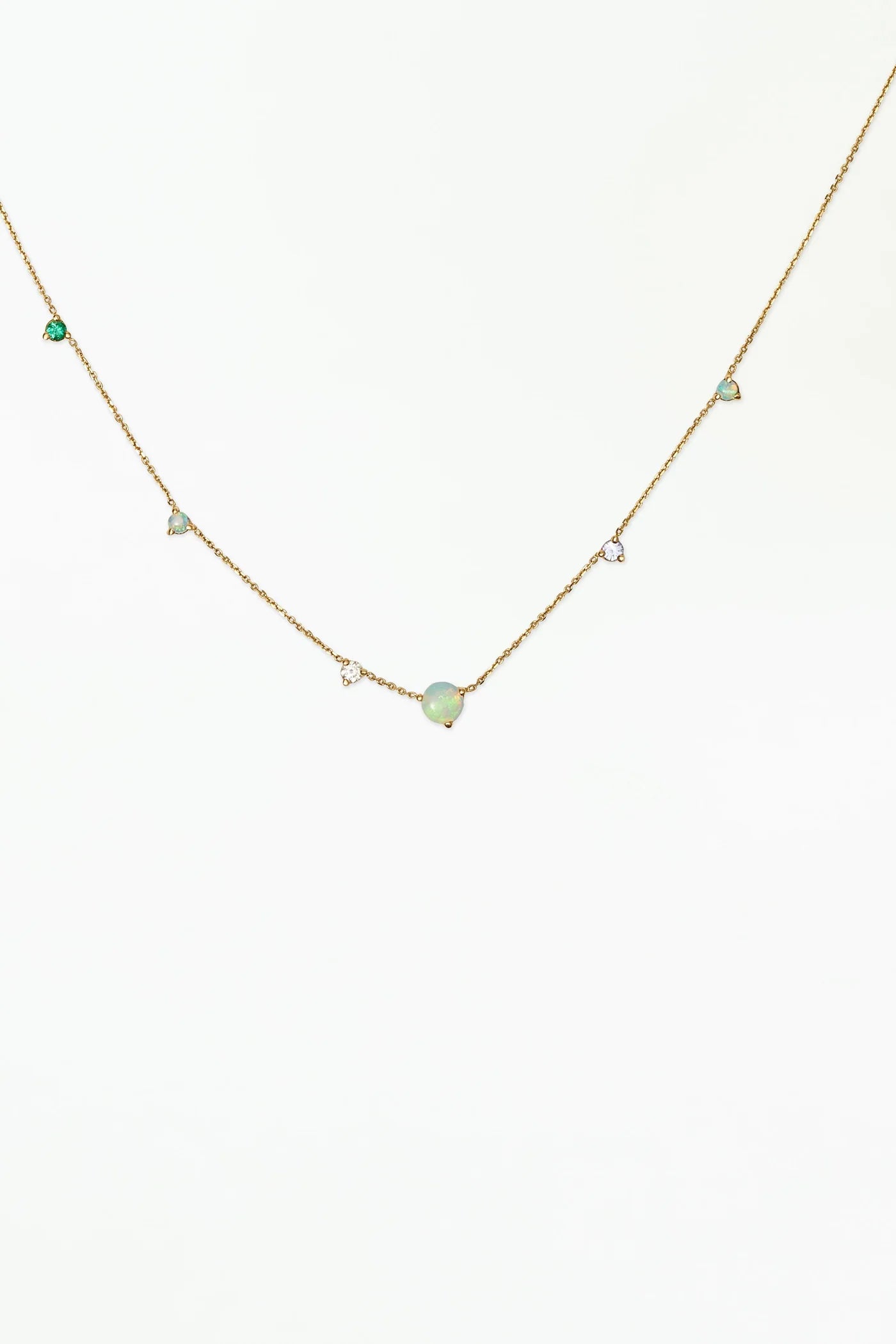 wwake / linear chain necklace - opal + diamond + sapphire + emerald