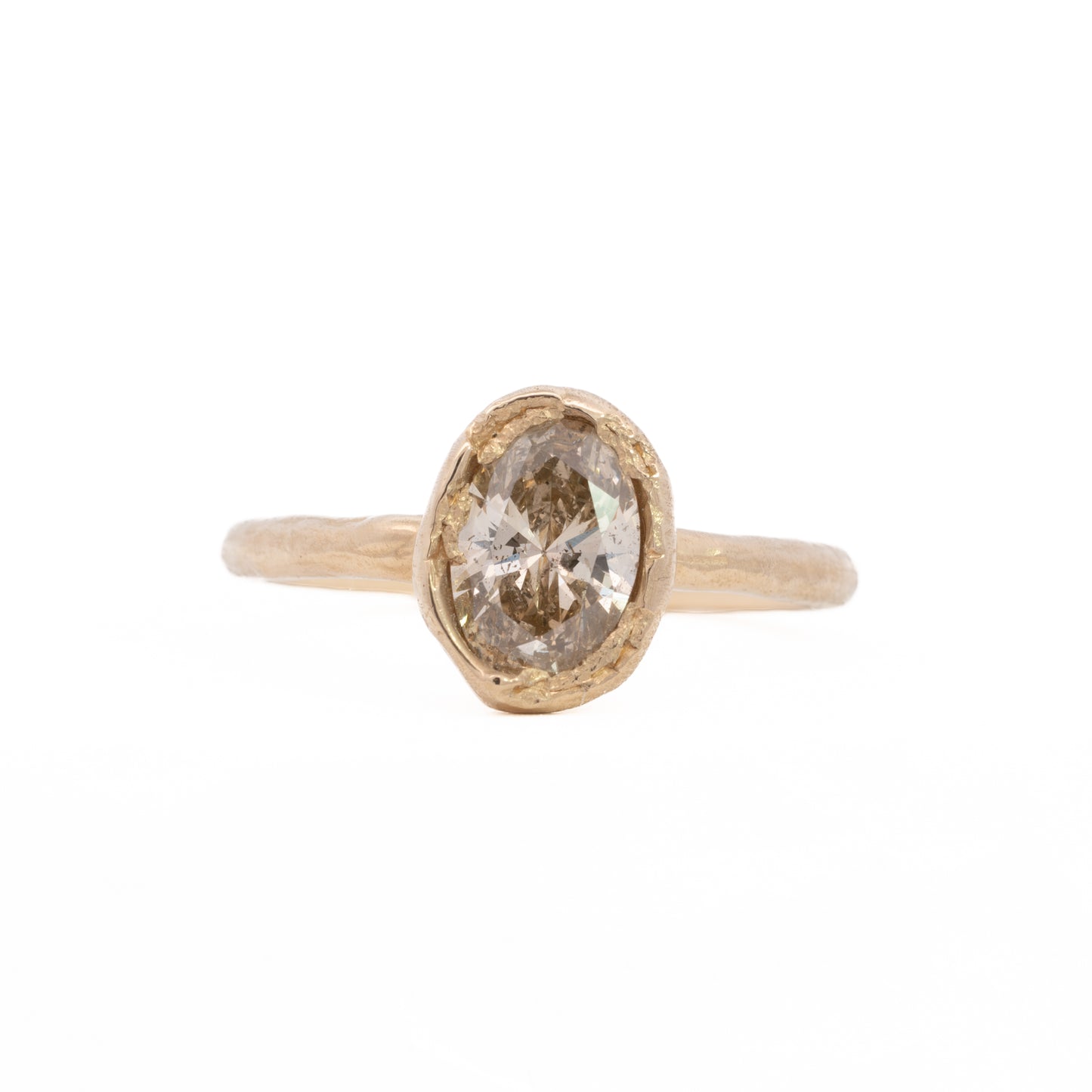 oval organic solitaire ring - natural light champagne diamond