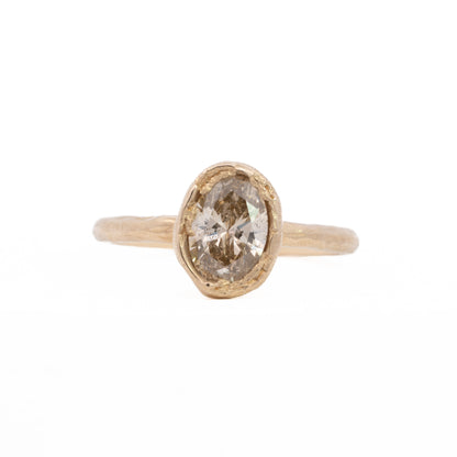 oval organic solitaire ring - natural light champagne diamond