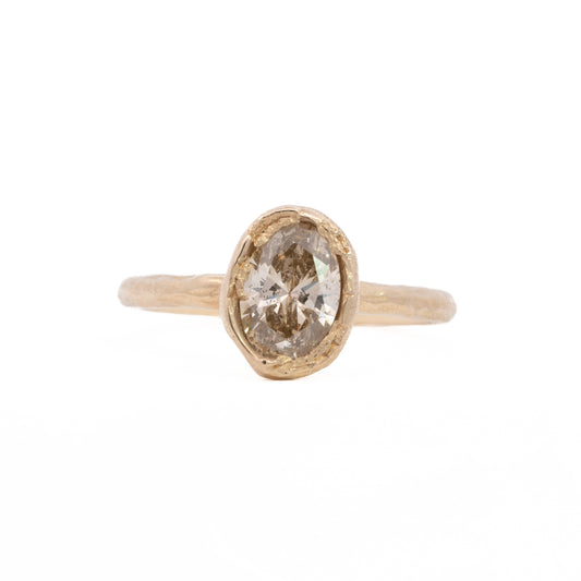 oval organic solitaire ring - natural light champagne diamond