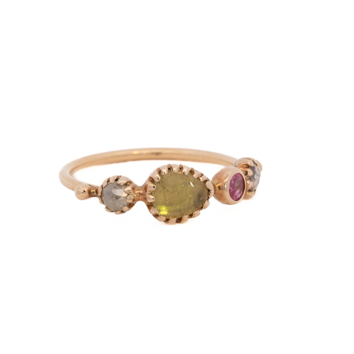 simple ring band - diamond + yellow tourmaline + pink spinel