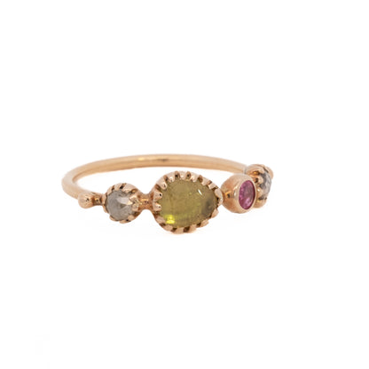 simple ring band - diamond + yellow tourmaline + pink spinel