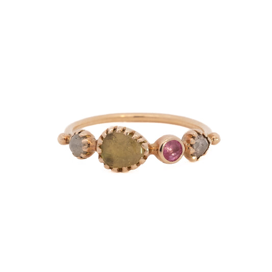 simple ring band - diamond + yellow tourmaline + pink spinel