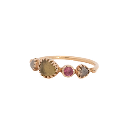 simple ring band - diamond + yellow tourmaline + pink spinel