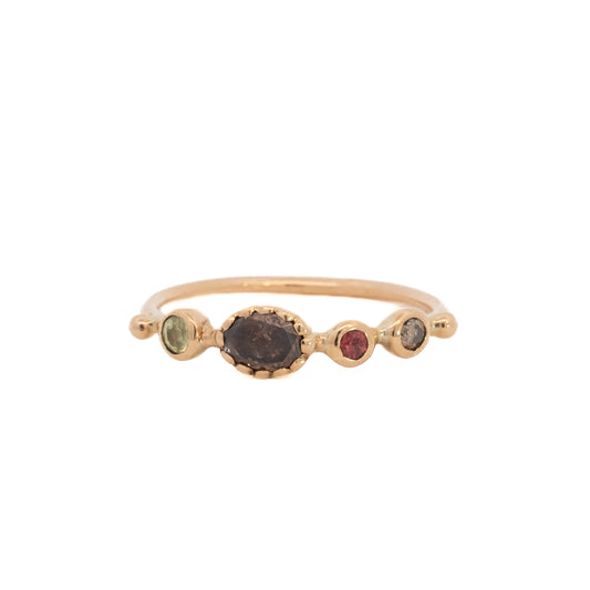 simple ring band - chrysoberyl + diamond + sapphire + diamond