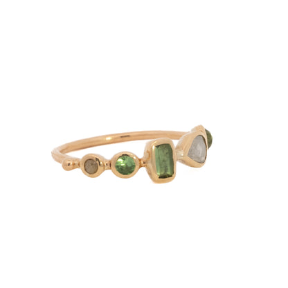 simple ring band - chrysoberyl + diamond + tourmaline + tsavorite garnet + diamond