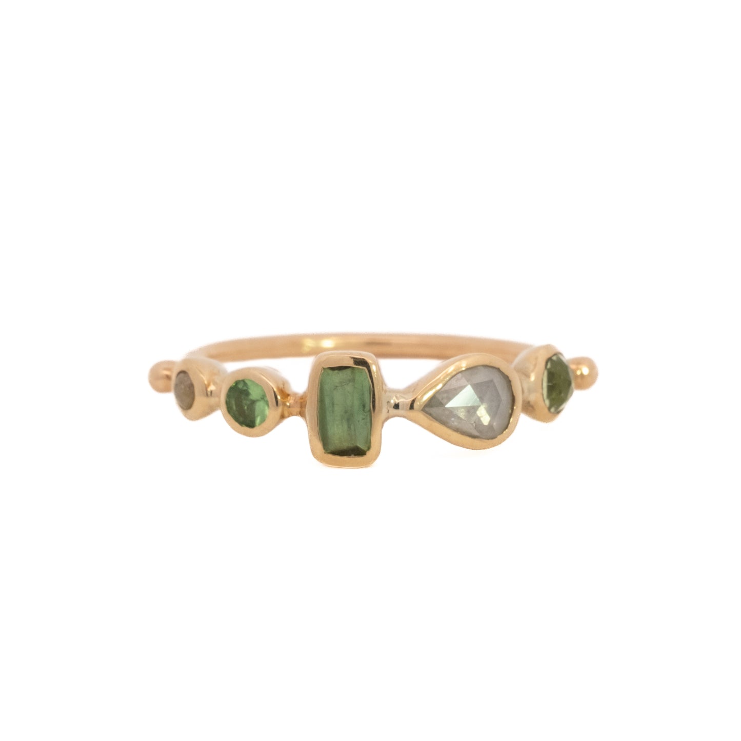 simple ring band - chrysoberyl + diamond + tourmaline + tsavorite garnet + diamond