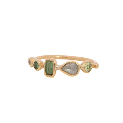 simple ring band - chrysoberyl + diamond + tourmaline + tsavorite garnet + diamond