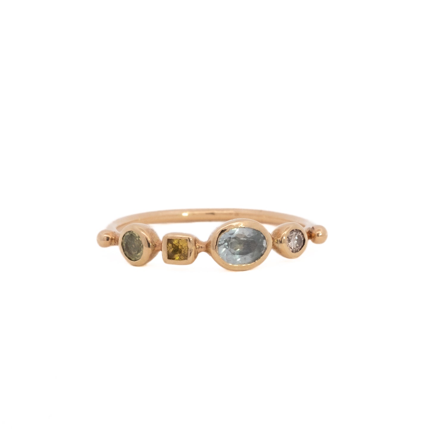 simple ring band - diamond + sapphire + sapphire + chrysoberyl