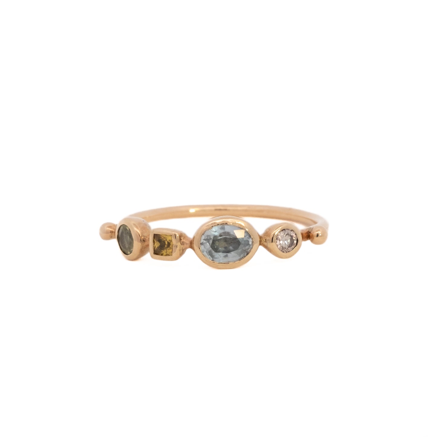 simple ring band - diamond + sapphire + sapphire + chrysoberyl