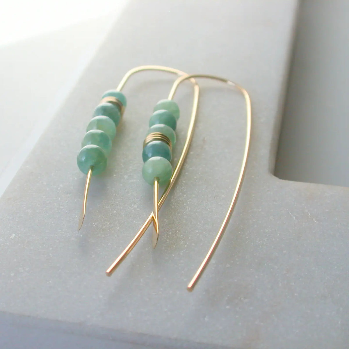 long curving earrings - moss aquamarine