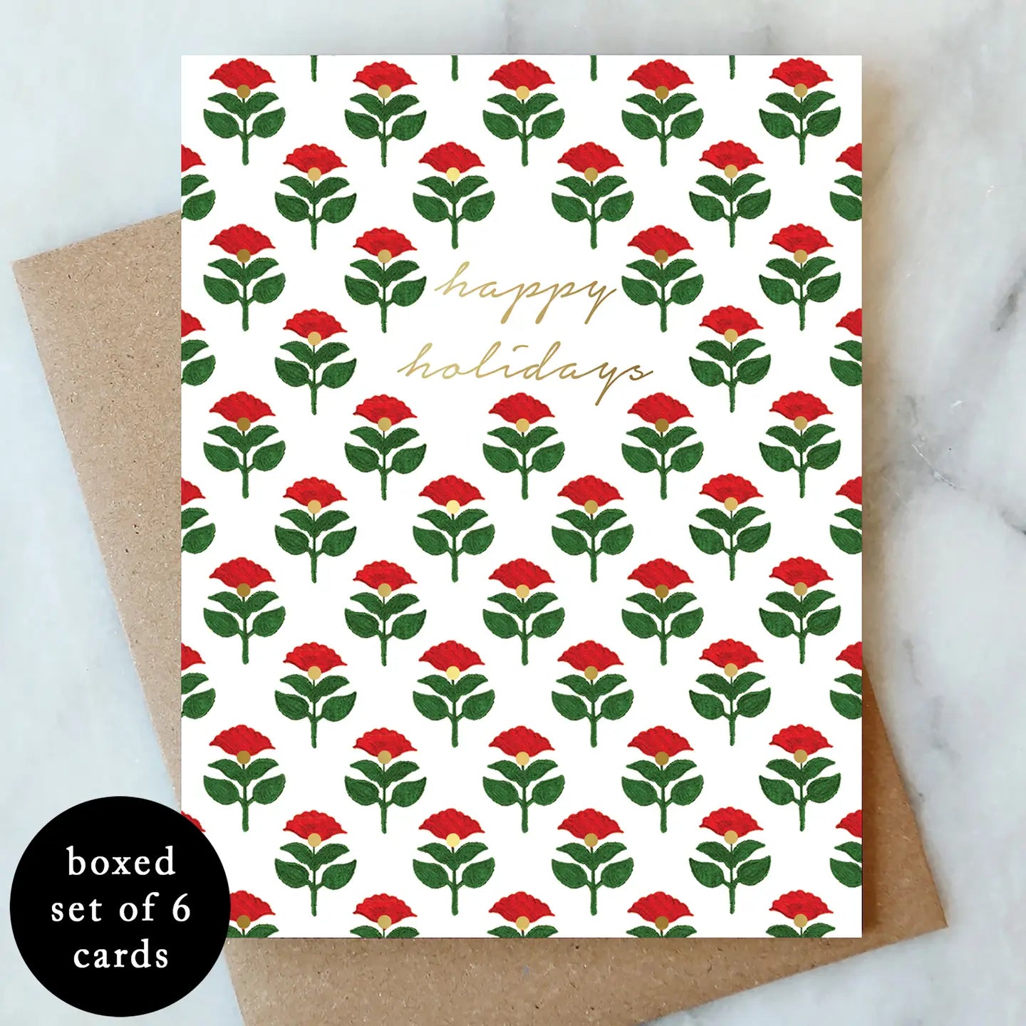 block print floral holiday greeting cards - boxed set