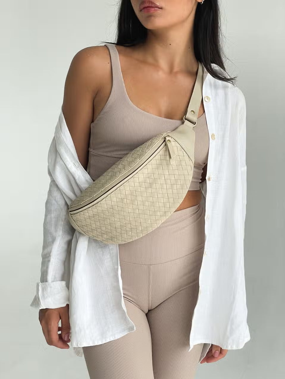 woven atlas fanny pack - bone