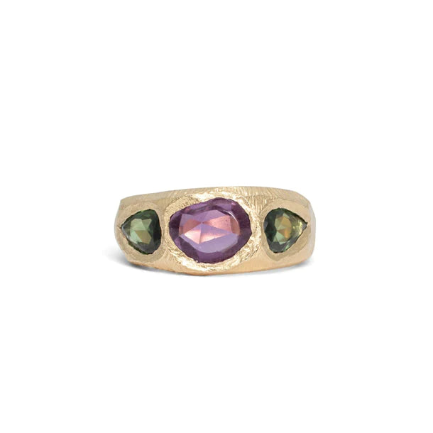 three stone ring band - dark pink & green sapphire