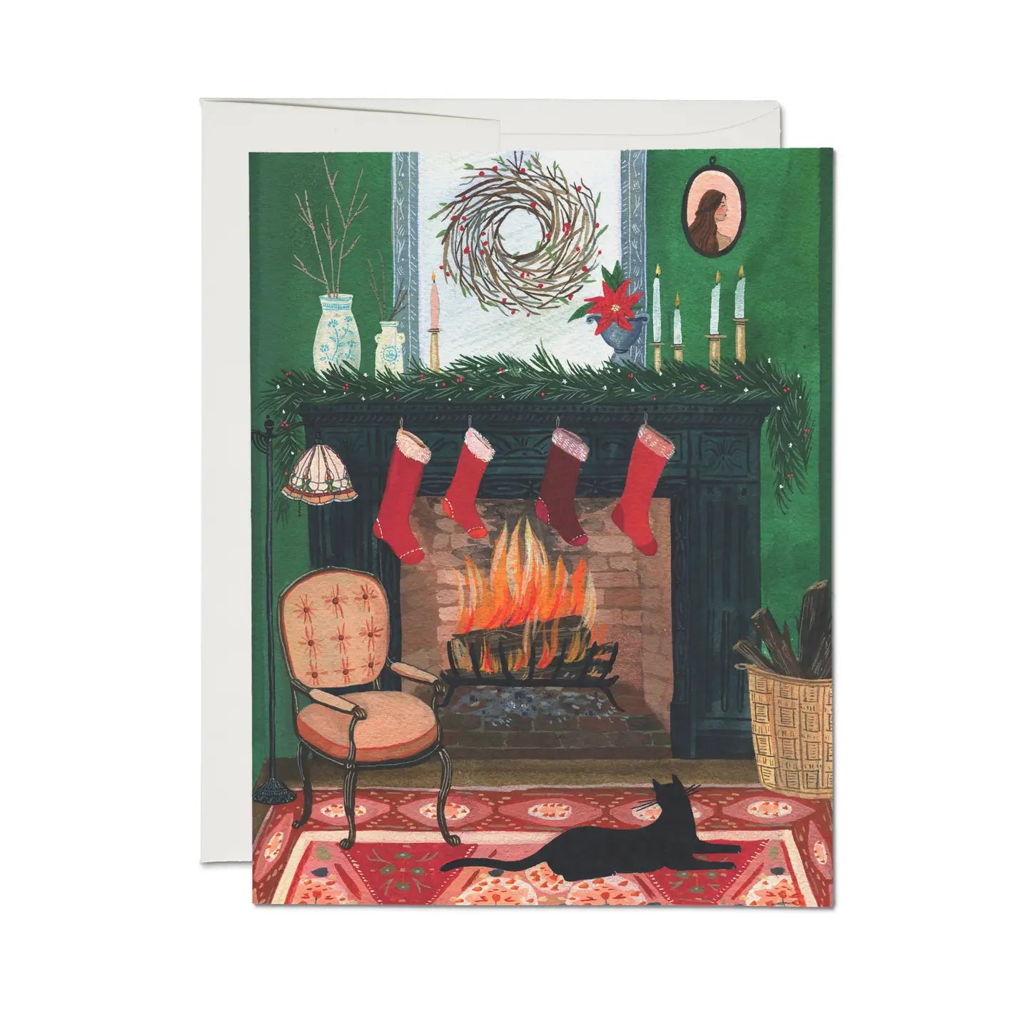 christmas by the fireplace holiday greeting card