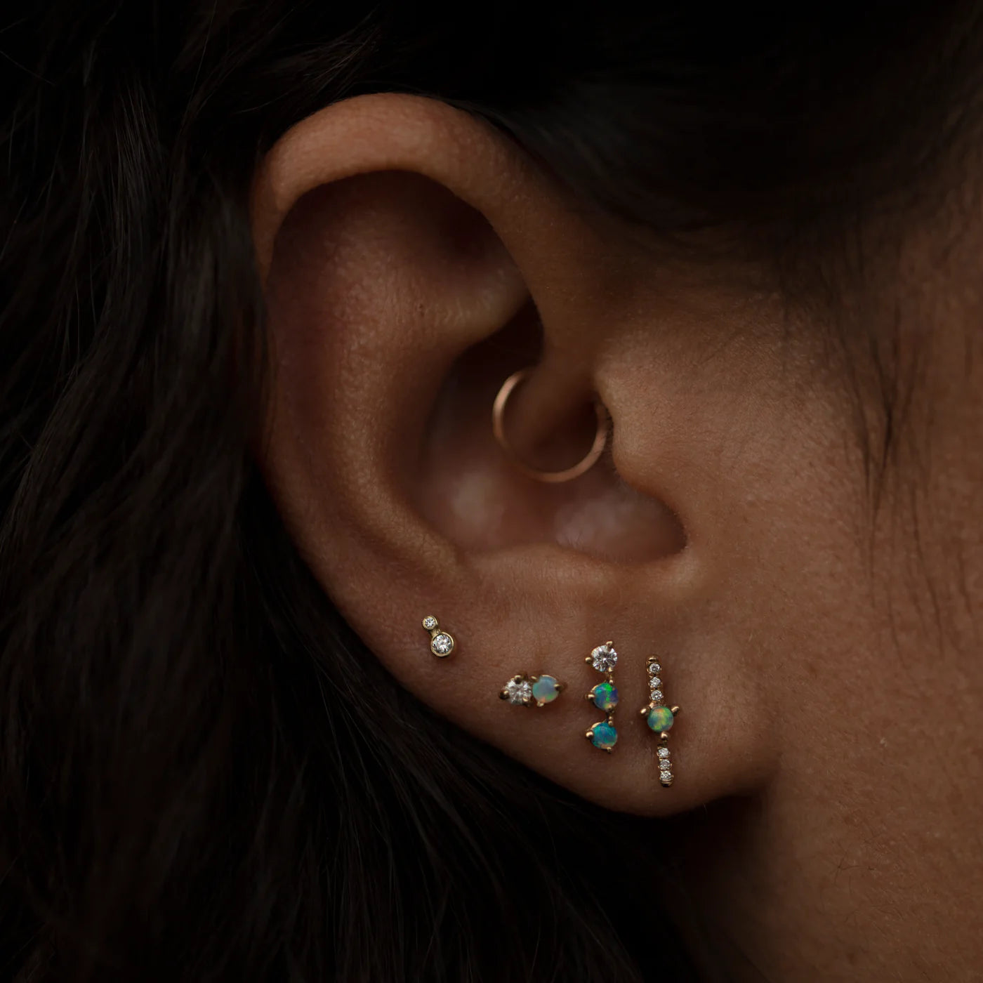 wwake / three-step stud earring - opal + diamond - single