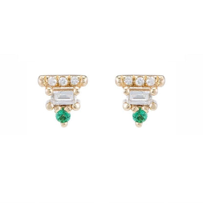 baguette bar stud earrings - natural emerald + diamond