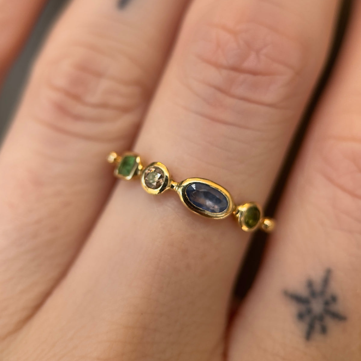 simple ring band - tsavorite garnet + diamond + sapphire + tourmaline