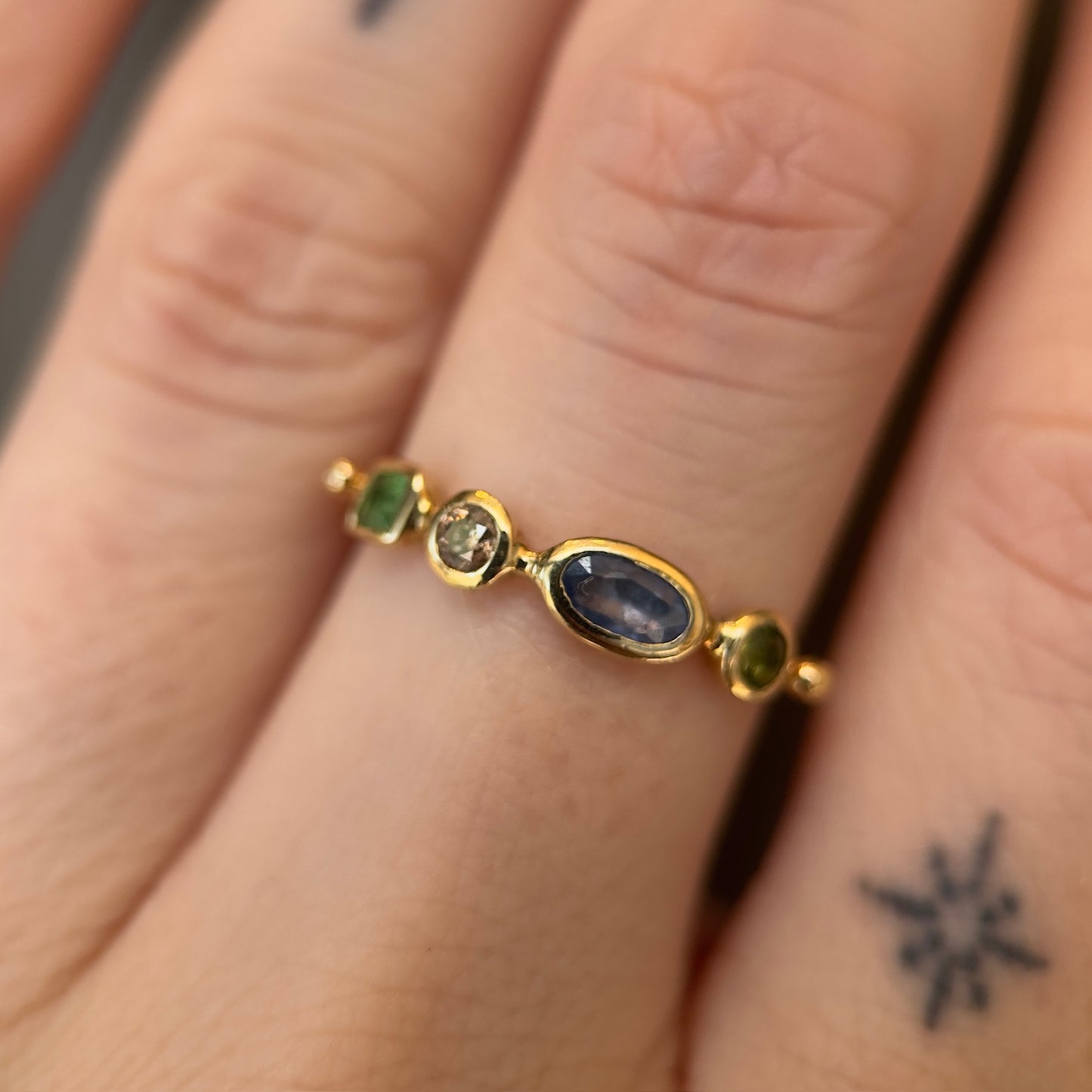 simple ring band - tsavorite garnet + diamond + sapphire + tourmaline