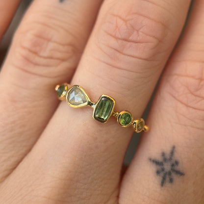 simple ring band - chrysoberyl + diamond + tourmaline + tsavorite garnet + diamond