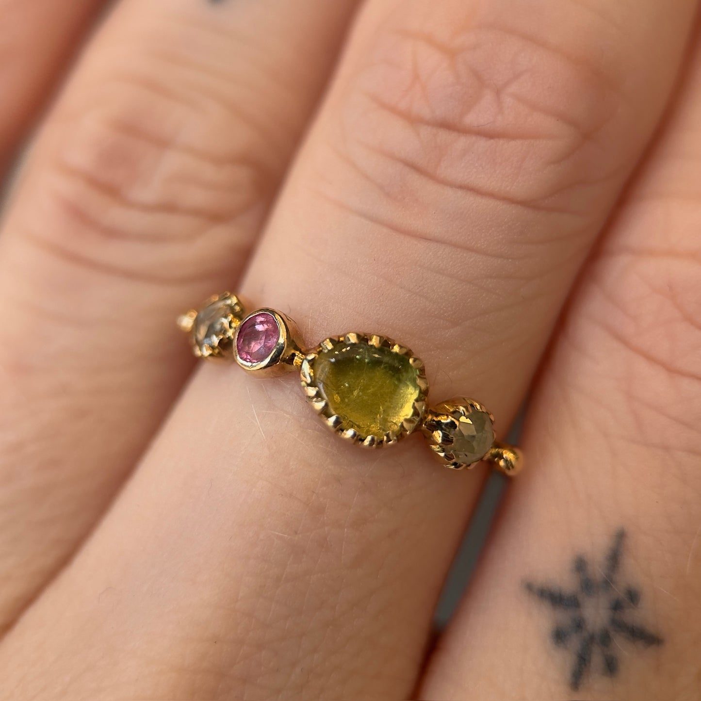 simple ring band - diamond + yellow tourmaline + pink spinel