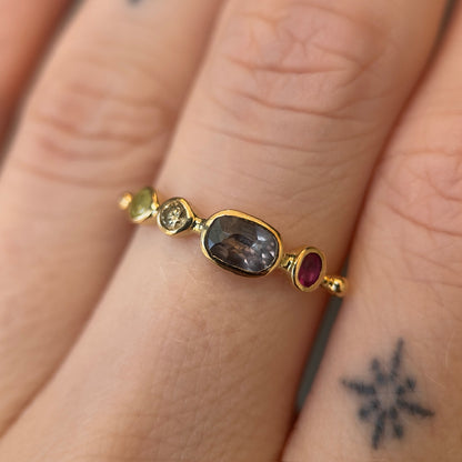 simple ring band - chrysoberyl + diamond + sapphire + garnet