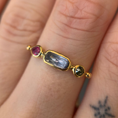 simple ring band - pink spinel + tanzanite + diamond