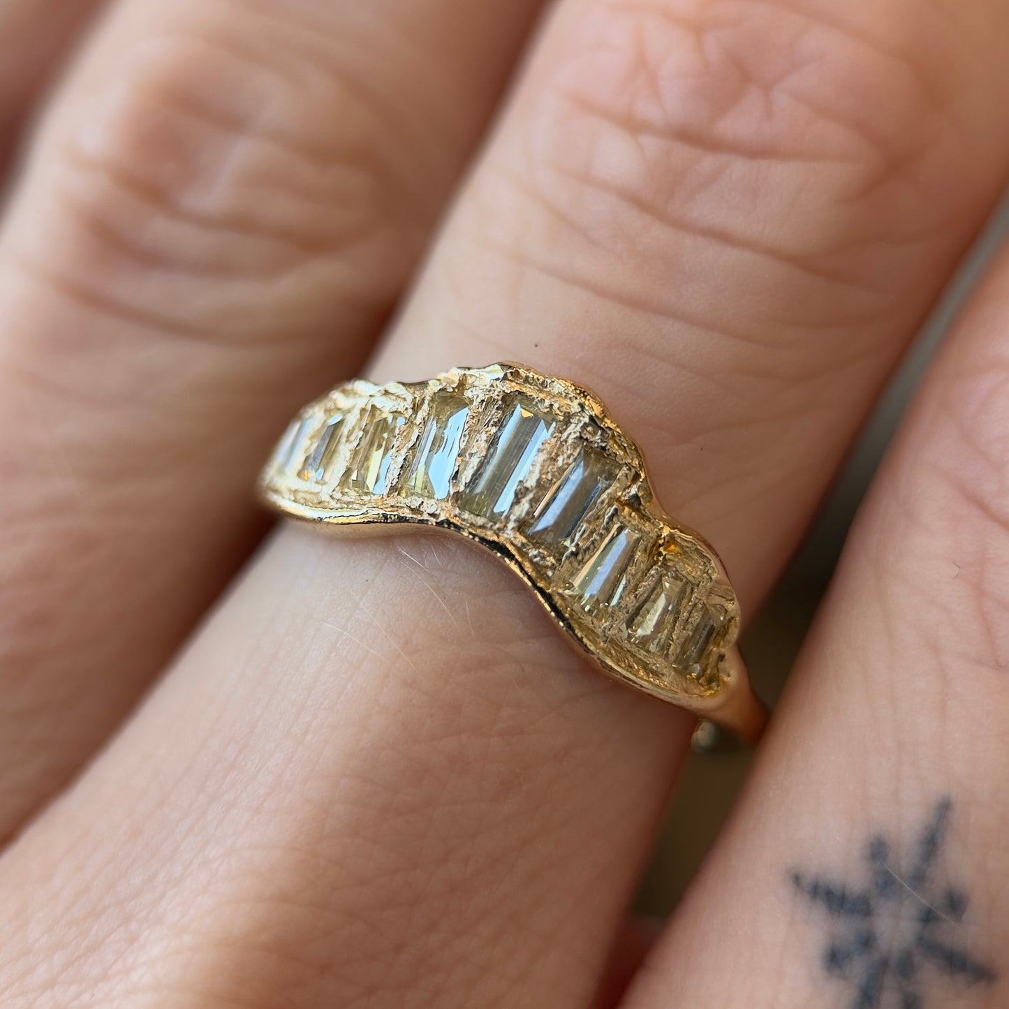 baguette v shape scatter ring - natural lemon diamond