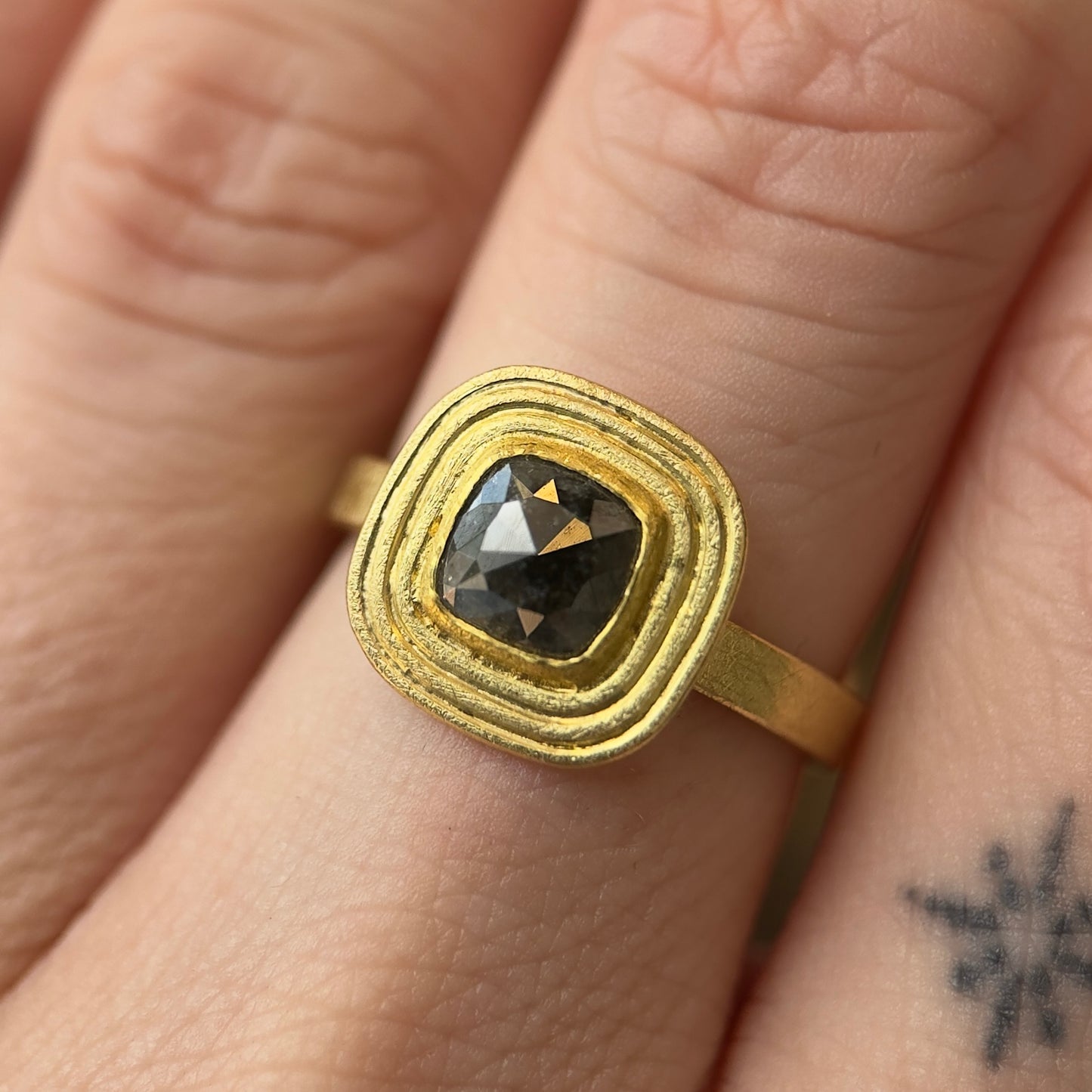 rose-cut brown diamond triple framed ring