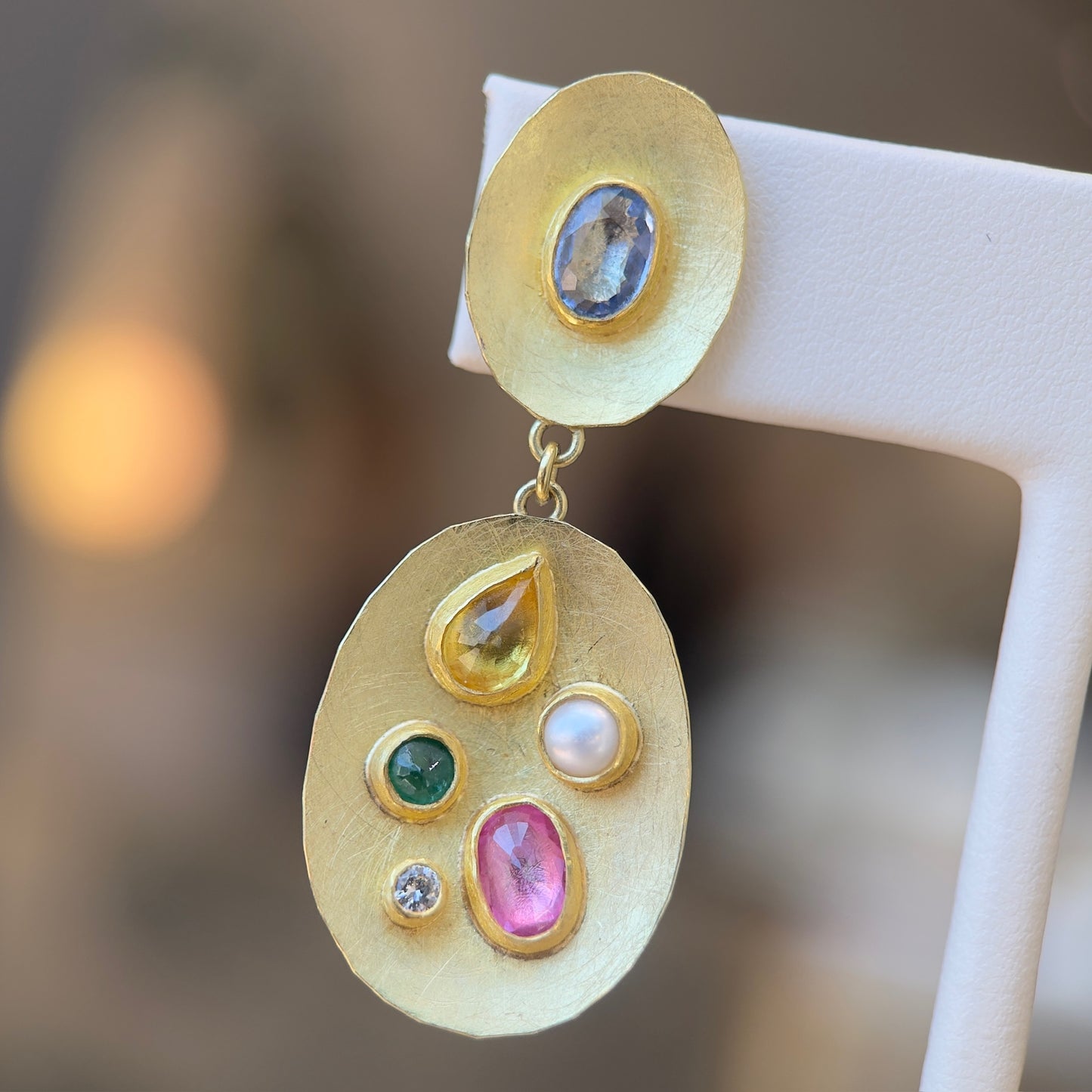 multi-stone statement drop earrings - sapphire + emerald + diamond + pearl