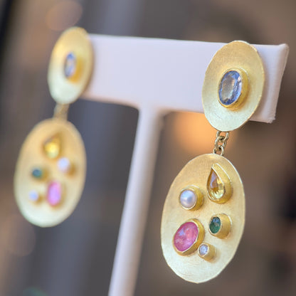multi-stone statement drop earrings - sapphire + emerald + diamond + pearl