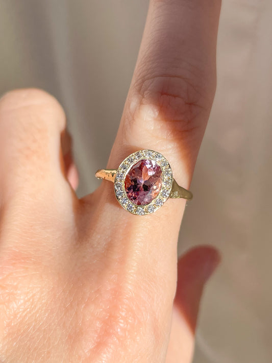 heirloom pink tourmaline halo ring