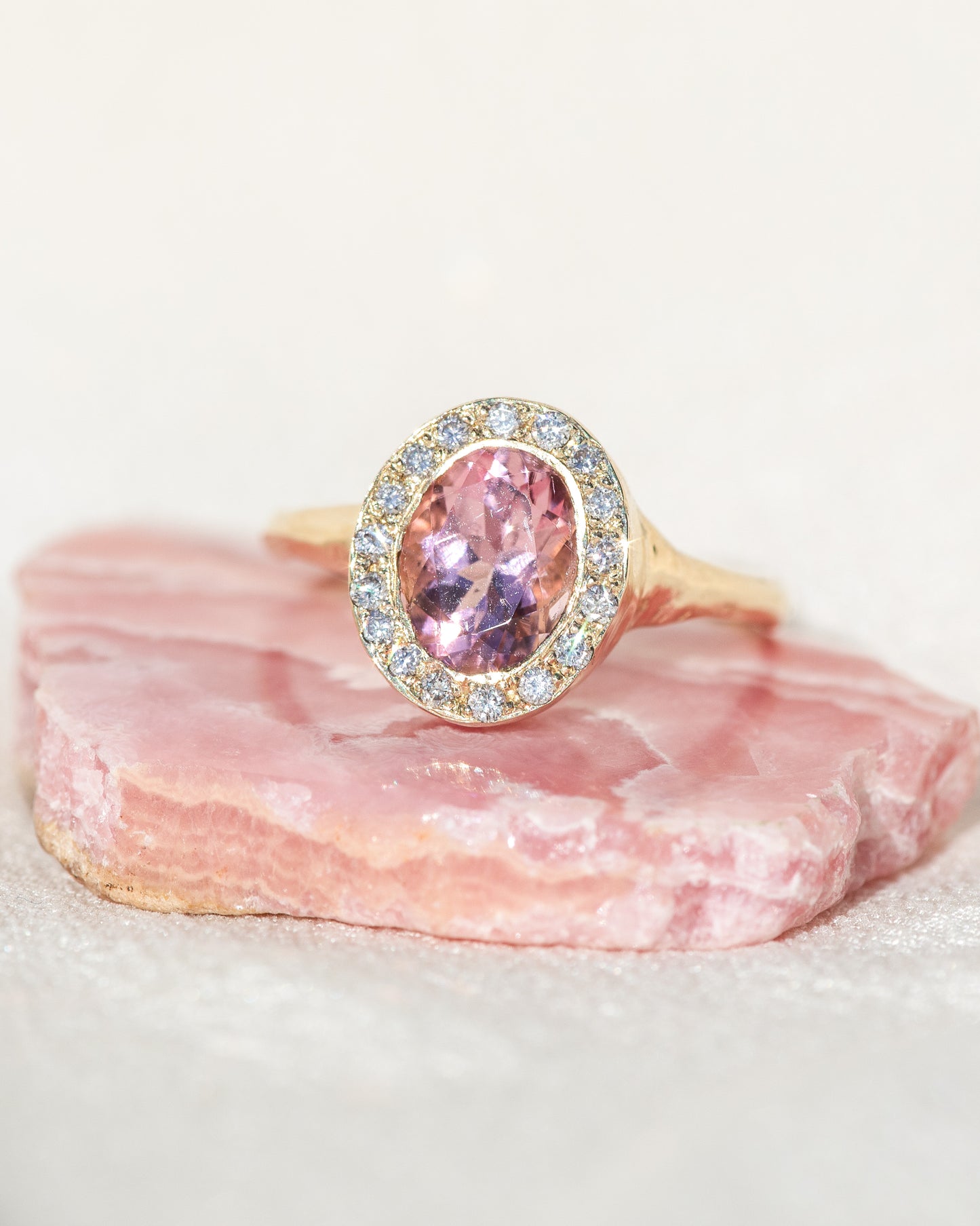 heirloom pink tourmaline halo ring