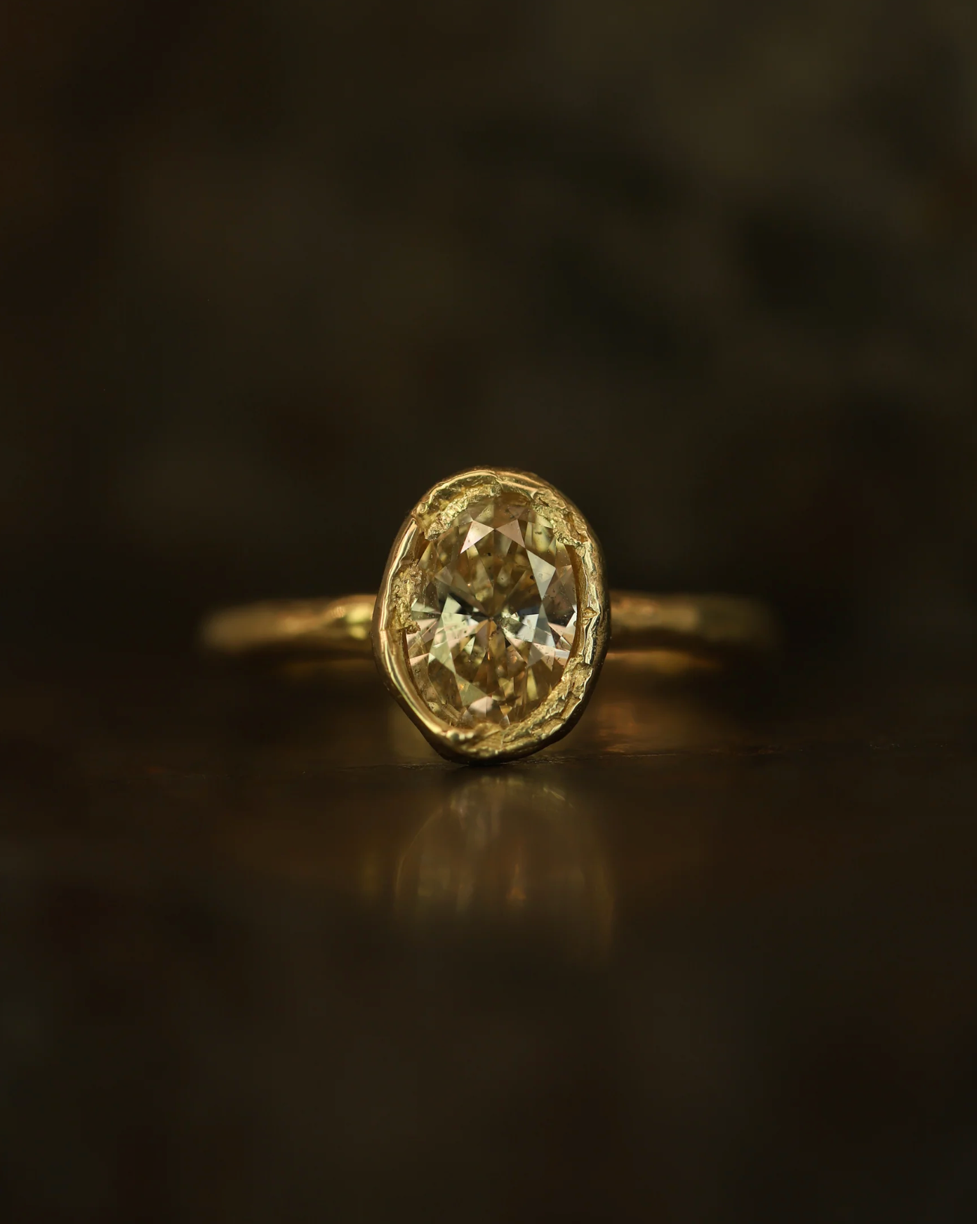 oval organic solitaire ring - natural light champagne diamond