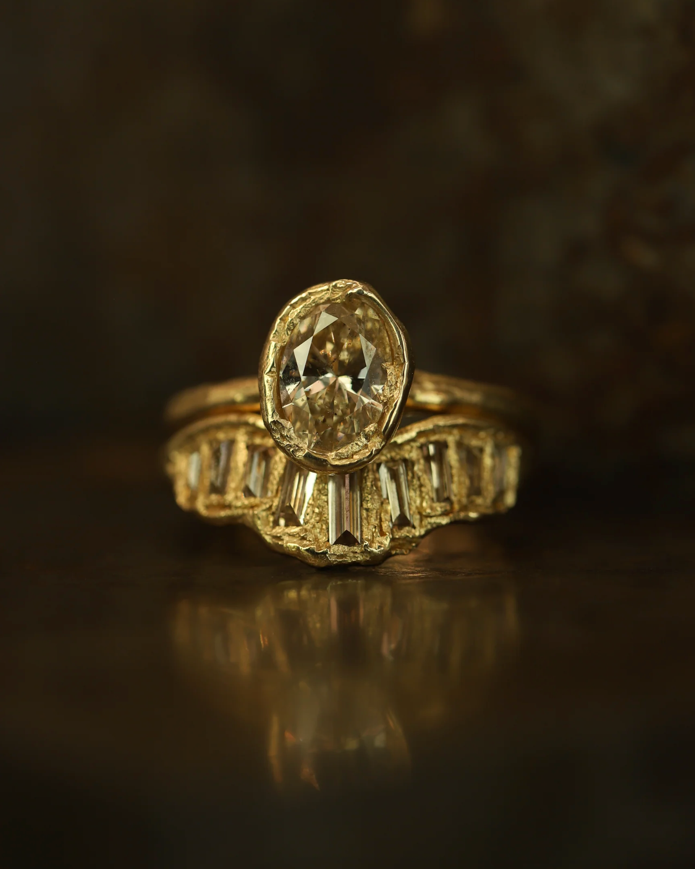oval organic solitaire ring - natural light champagne diamond