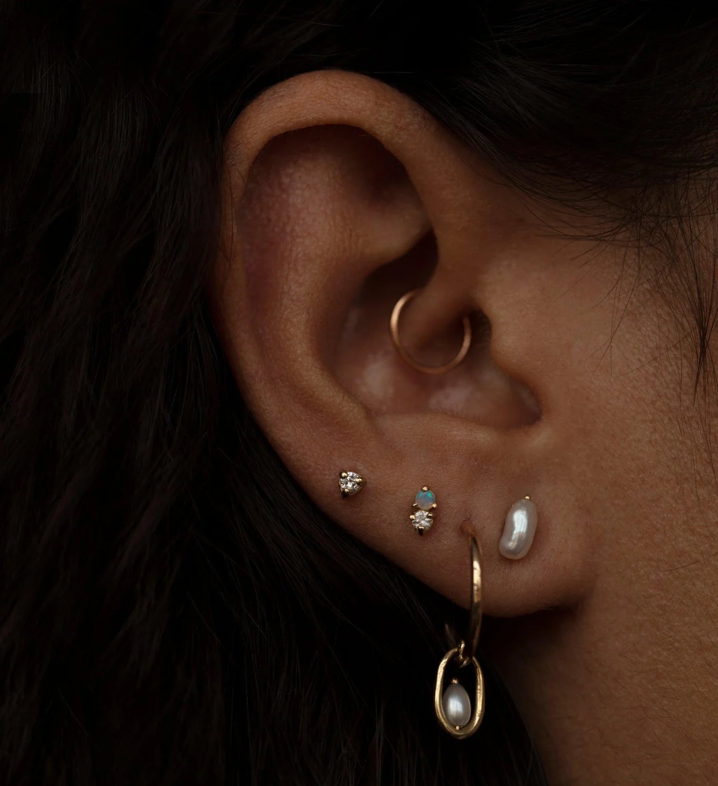wwake / two-step stud earring - opal + diamond - single