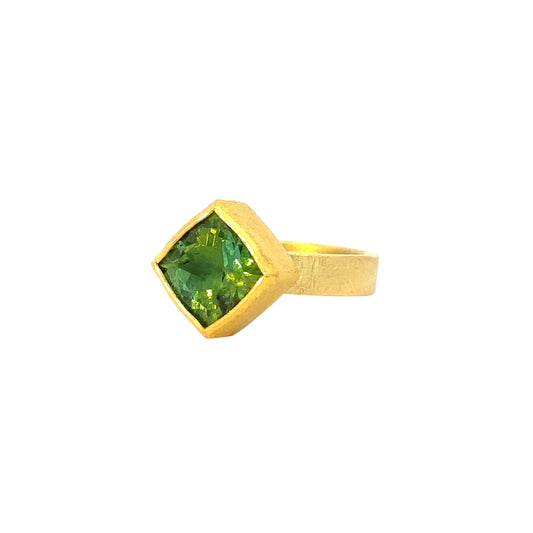 faceted square deep green tourmaline ring