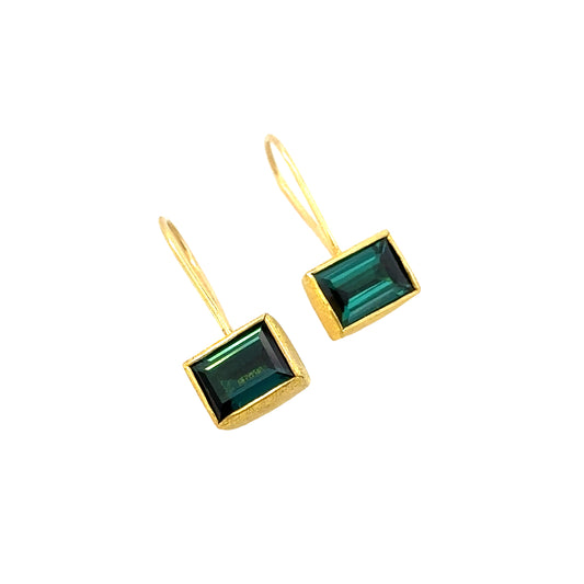 faceted rectangle green tourmaline drop earrings