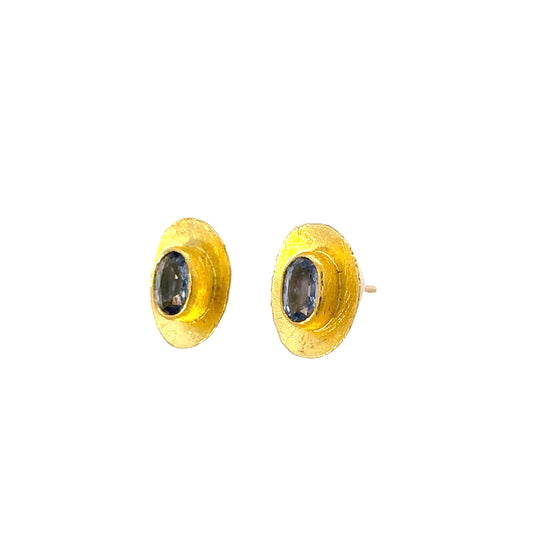 faceted sapphire oval bowl-framed stud earrings
