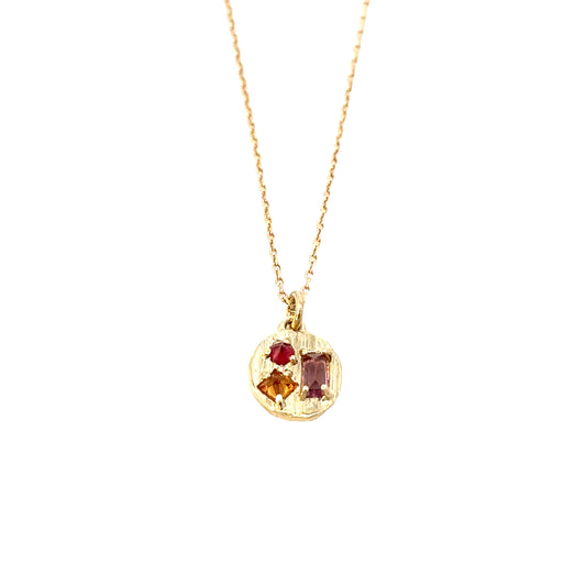 small round collage necklace - orange sapphire + pink tourmaline + ruby