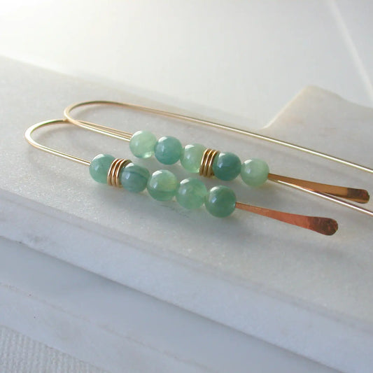 long curving earrings - moss aquamarine