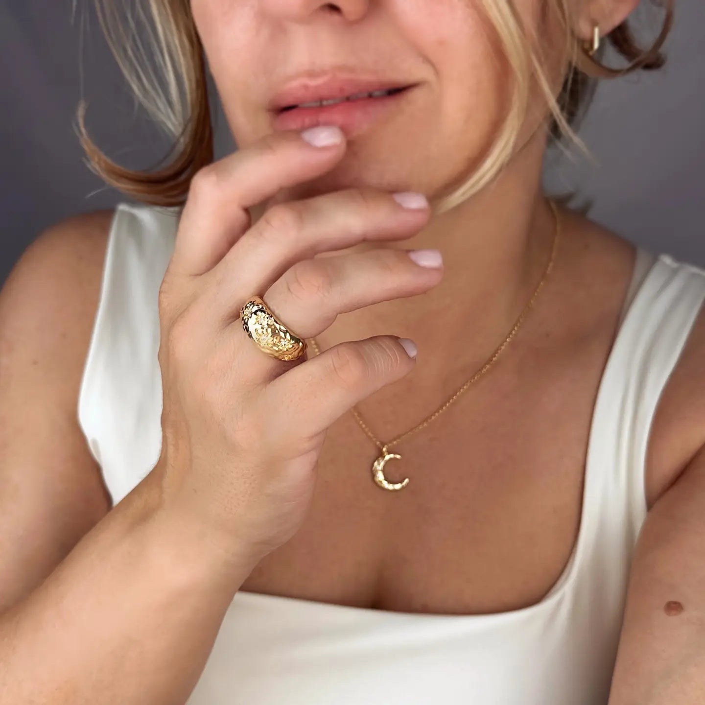large hammered moon ring