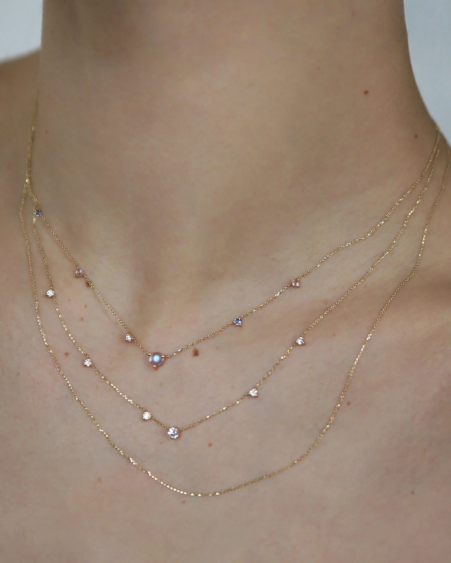 wwake / linear chain necklace - moonstone + diamond + sapphire