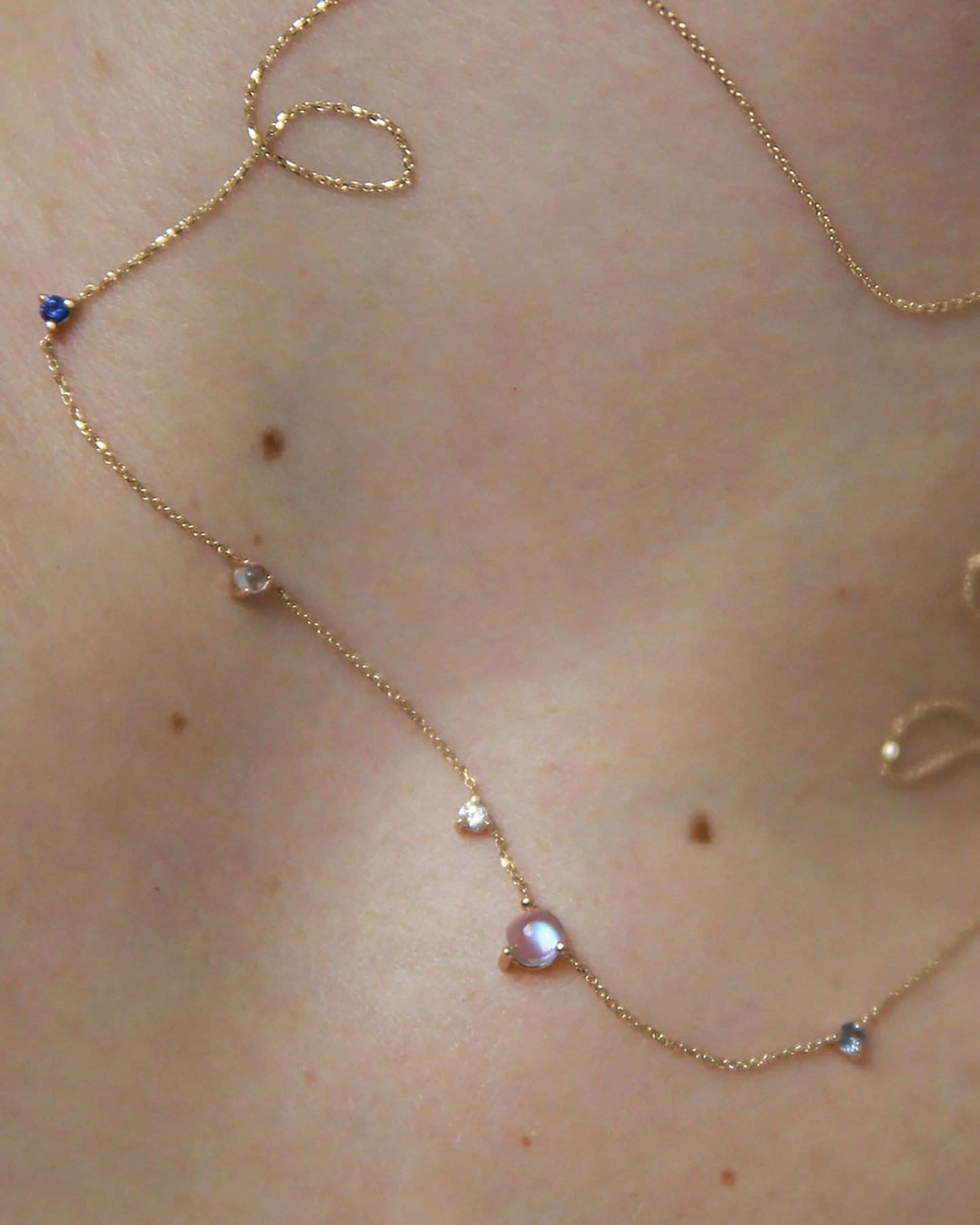 wwake / linear chain necklace - moonstone + diamond + sapphire